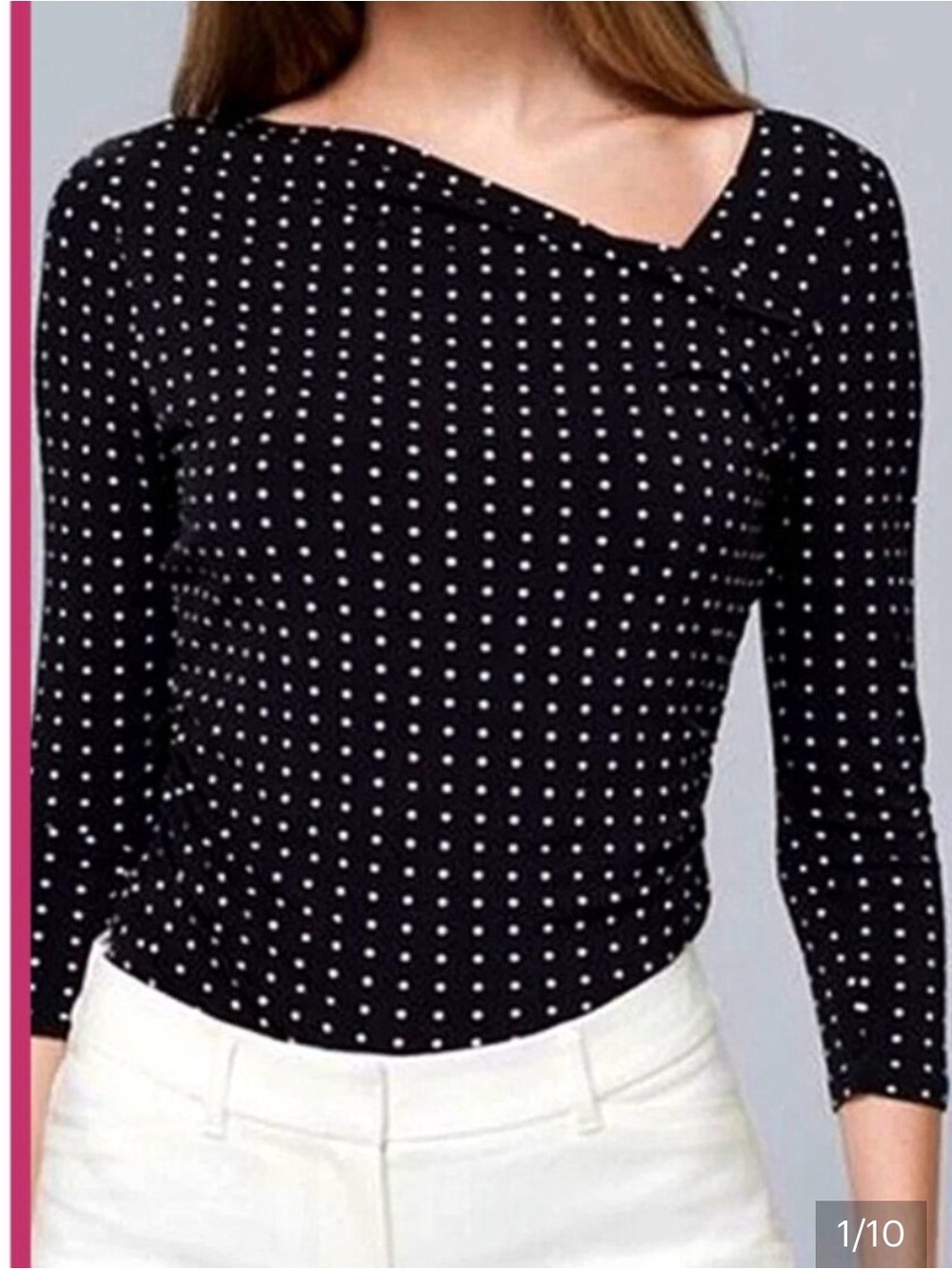 White House Black Market Black Polka Dot Asymmetrical Neck Long Sleeve Top
